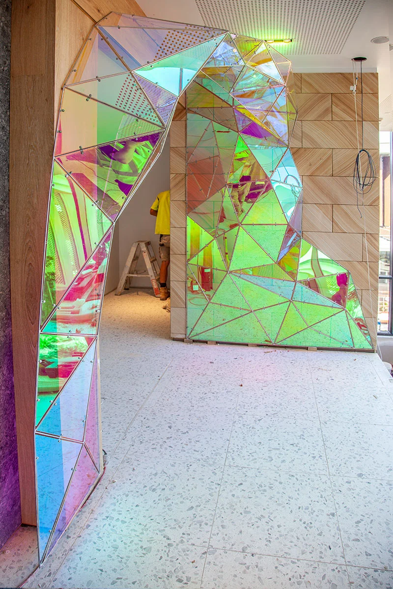 Dichroic film acrylic archway, Mingara Recreation Club