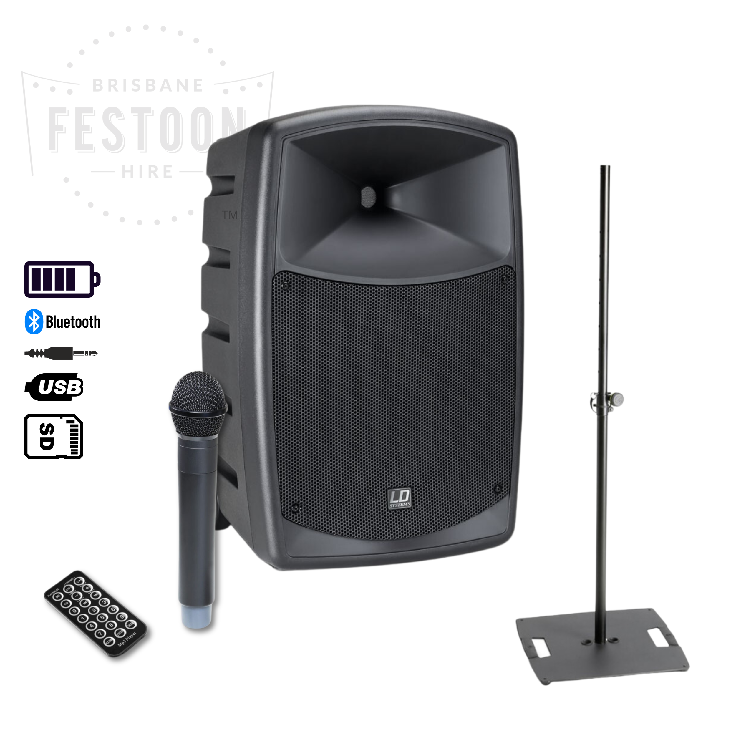 Wireless Portable Speaker System and Mic Hire with Bluetooth • Brisbane