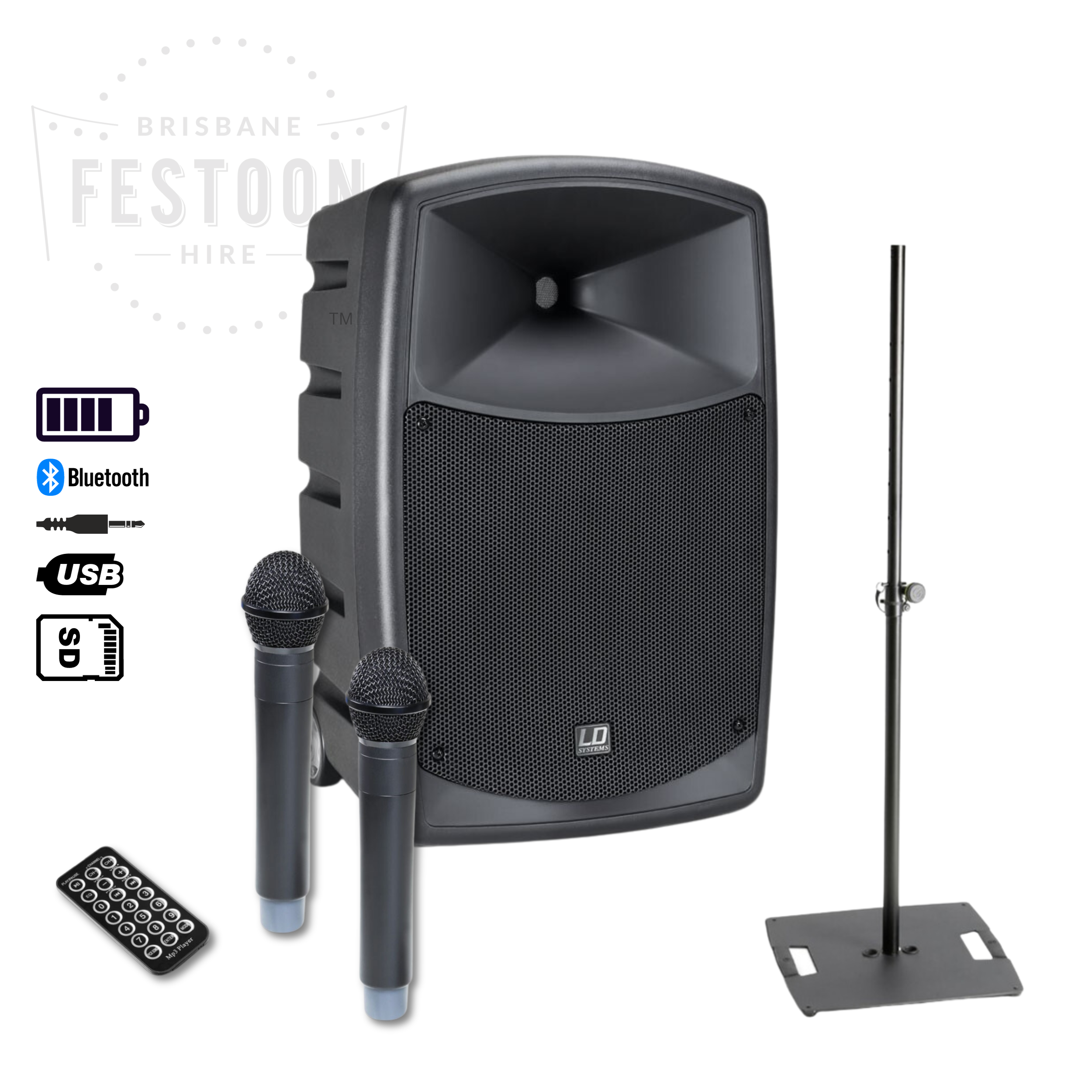 Wireless Portable Speaker System and Mic Hire with Bluetooth • Brisbane Festoon Hire • Lighting