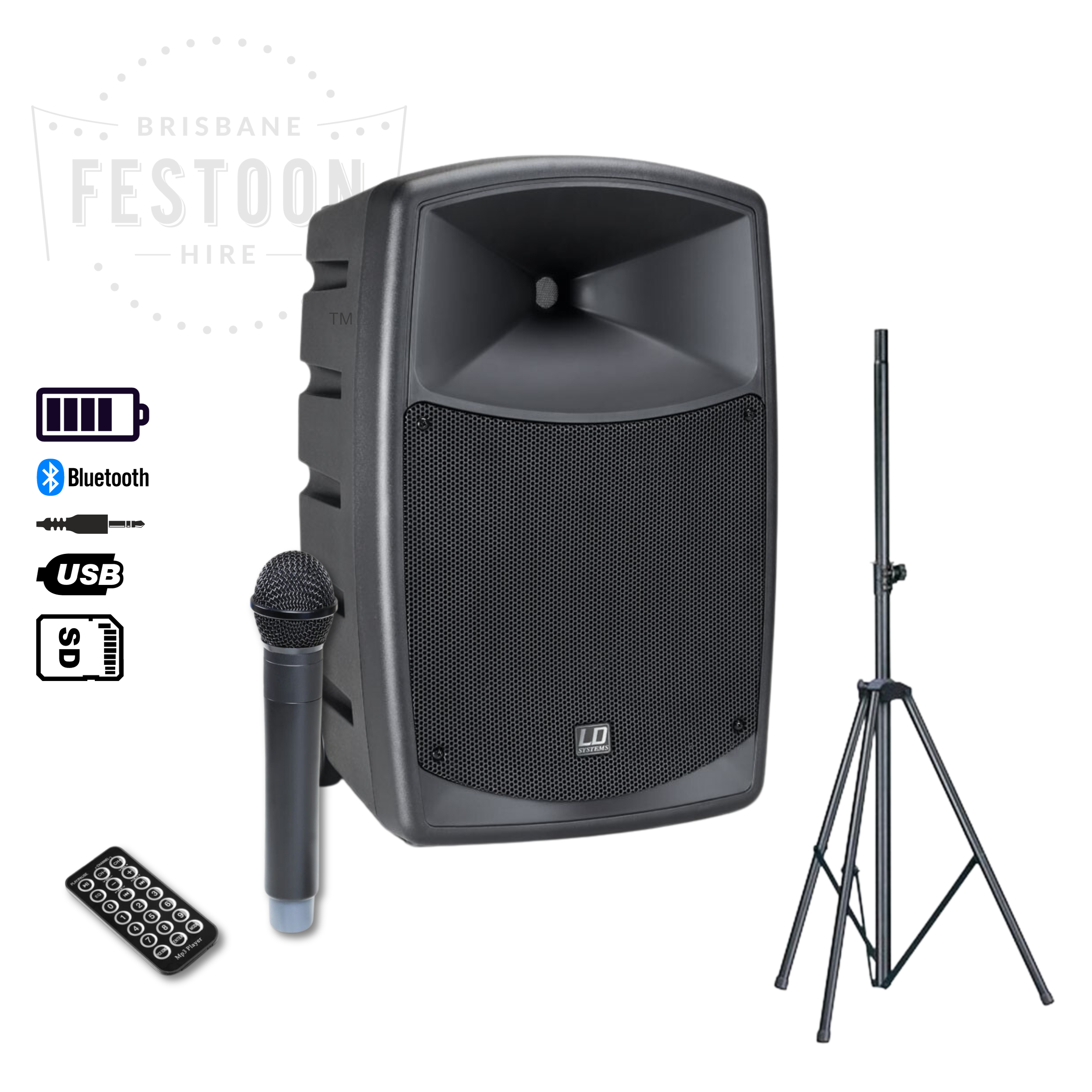 Wireless Portable Speaker System and Mic Hire with Bluetooth • Brisbane