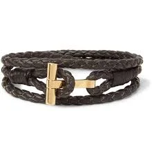 TOM FORD Woven Leather And Gold-Plated Wrap Bracelet