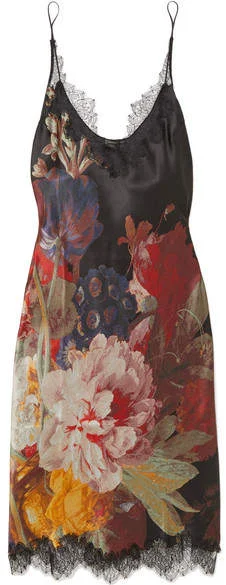 Carine Gilson - Chantilly Lace-trimmed Floral-print Silk-satin Chemise - Black