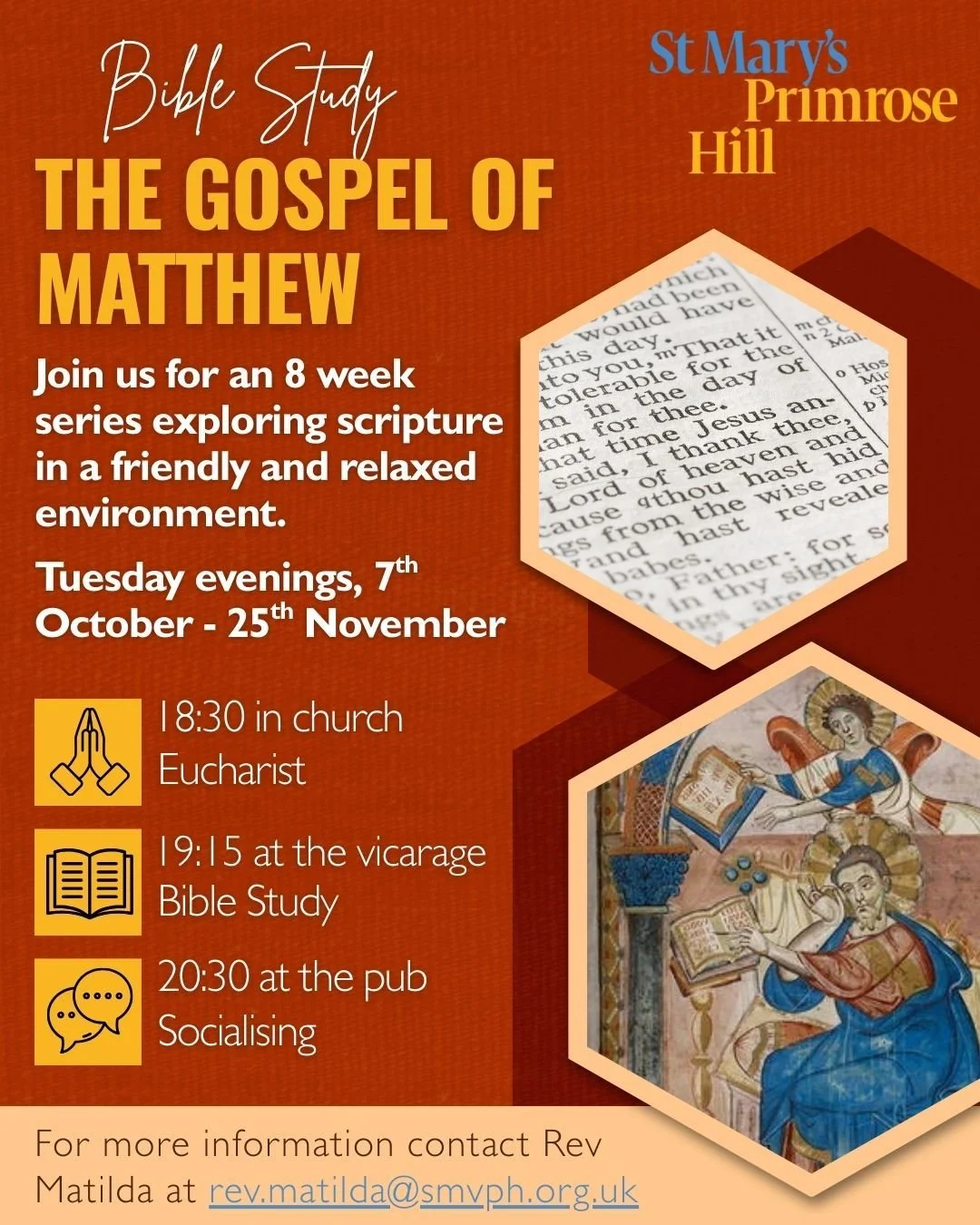 We're excited to invite you to our 8 week Bible study, exploring the Gospel of Matthew in a relaxed and friendly environment. All are welcome, whether for one week or the whole series, to any parts of the evening (even if you just join us at the pub!