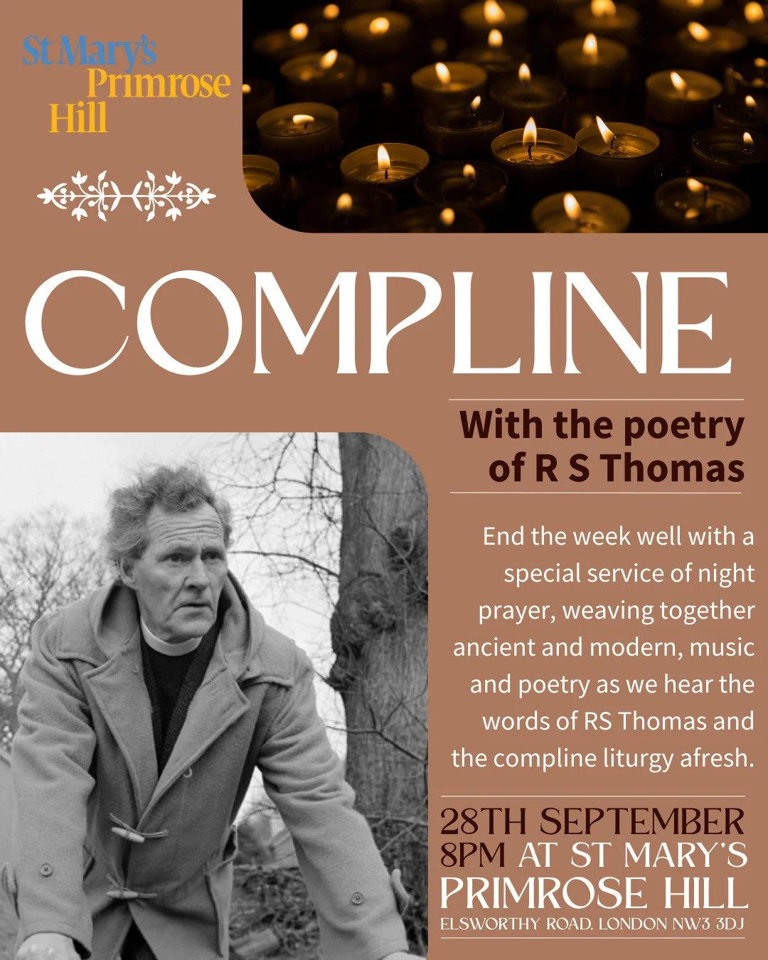 Join us this evening for a special service of compline with music and the poetry of R.S. Thomas. All are welcome, 8pm.