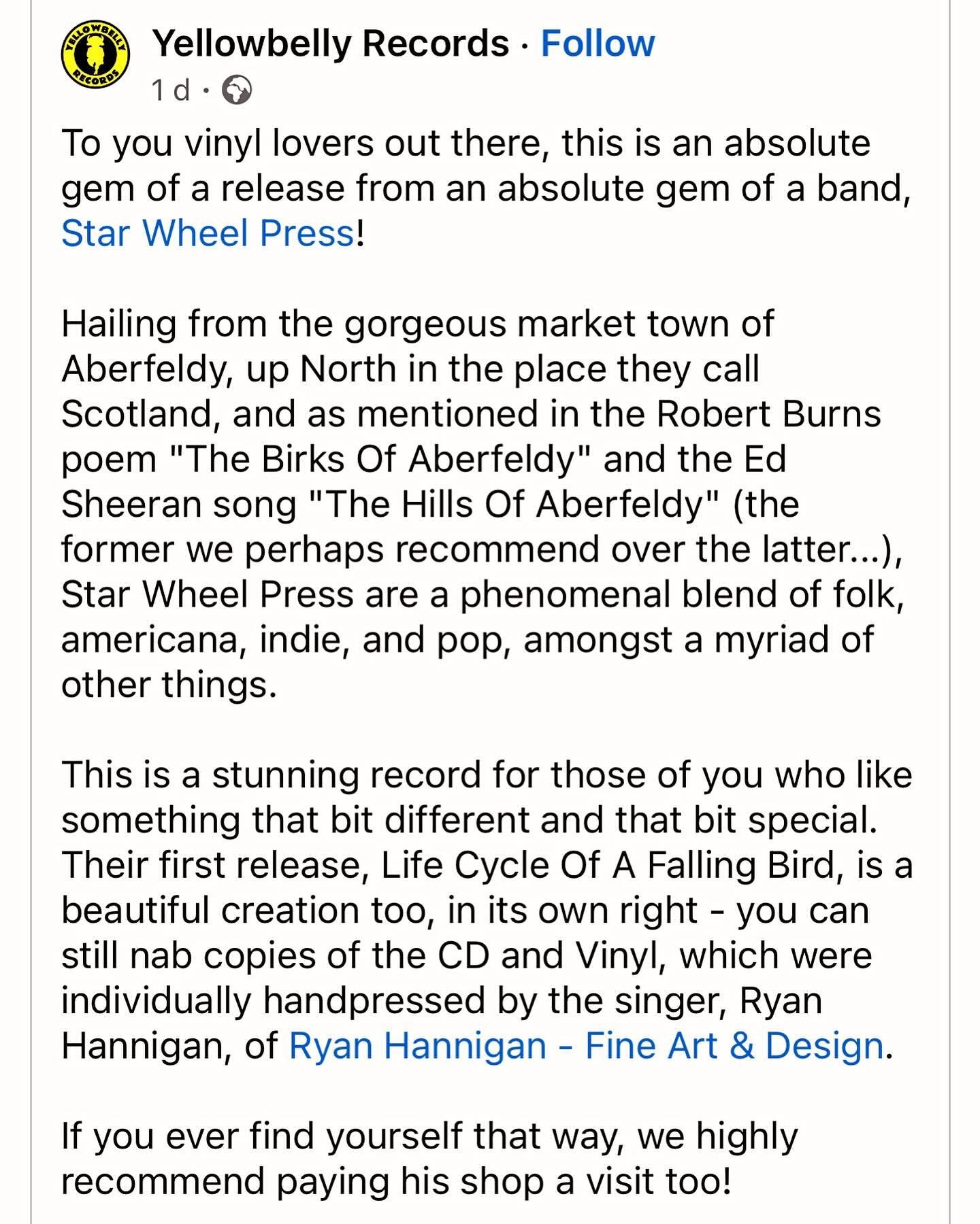 Our first review. Thankyou @yellowbellyrecords - are you maybe related to LeadBelly the King of the twelve string guitar? #newmusic #bandcamp #starwheelpress #musicreview #vinyl