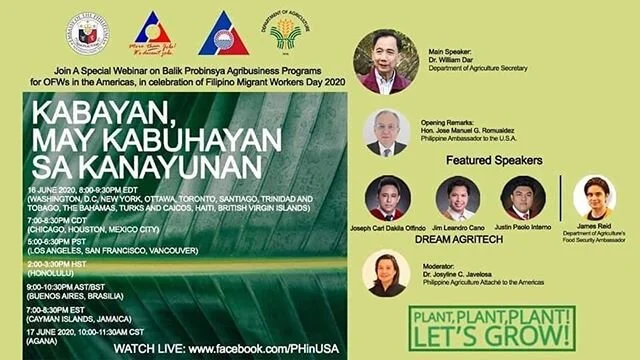 We have been given an opportunity to speak to the Filipino Communities in the Americas! Tune in on June 16, 8:00 p.m. (EST) June 17 8:00 a.m. (Philippine time) to hear about the opportunities in Agriculture! Thank you for the invite, @philippinesusa 
