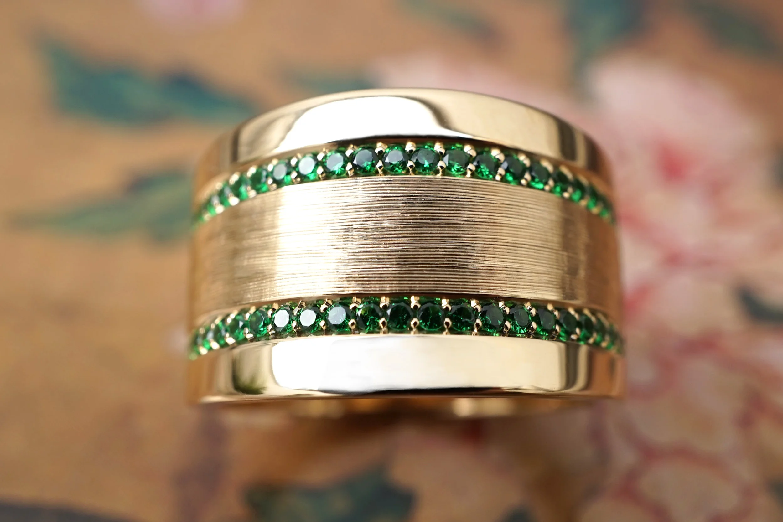 Yellow Gold 18 Carat Polished And Hand Engraved Band Ring With Two lines of Tsavorites