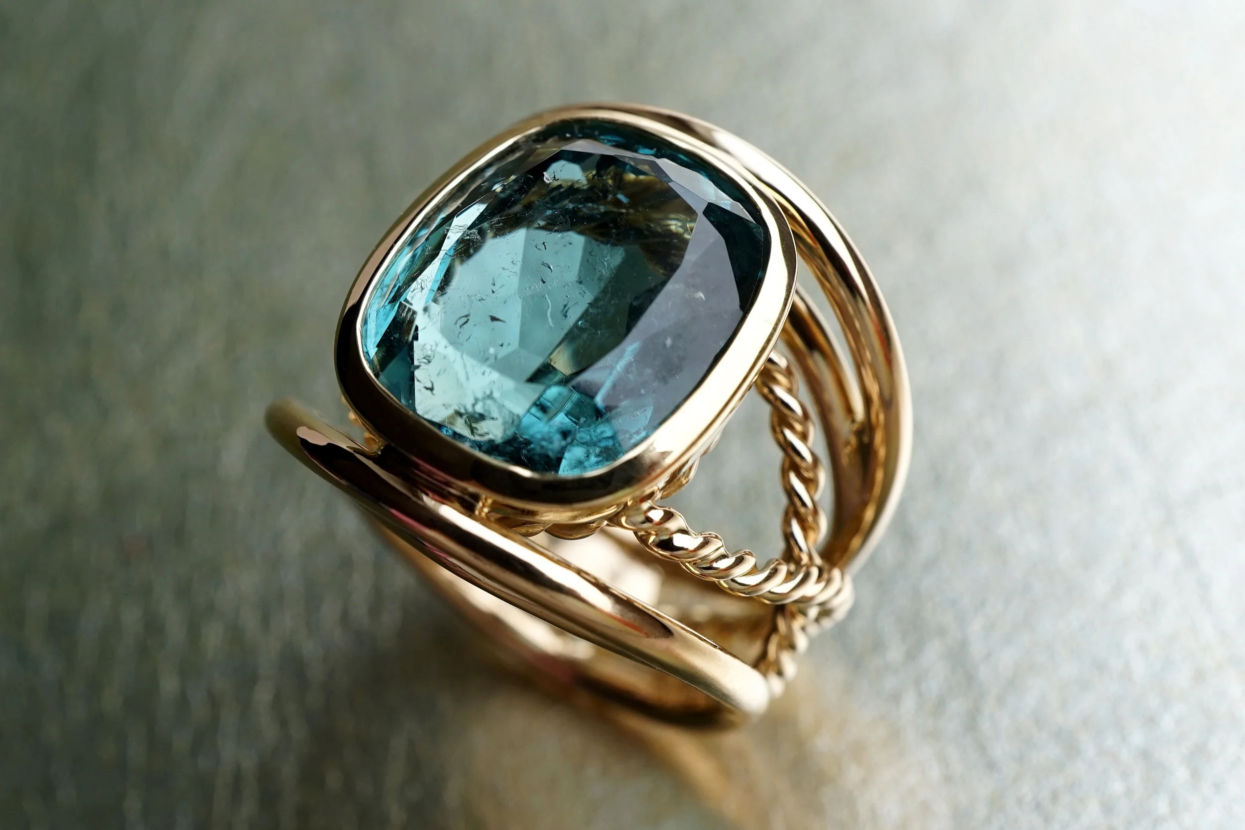 Yellow Gold 18 Carat Torsade Band Ring With Indicolite Tourmaline