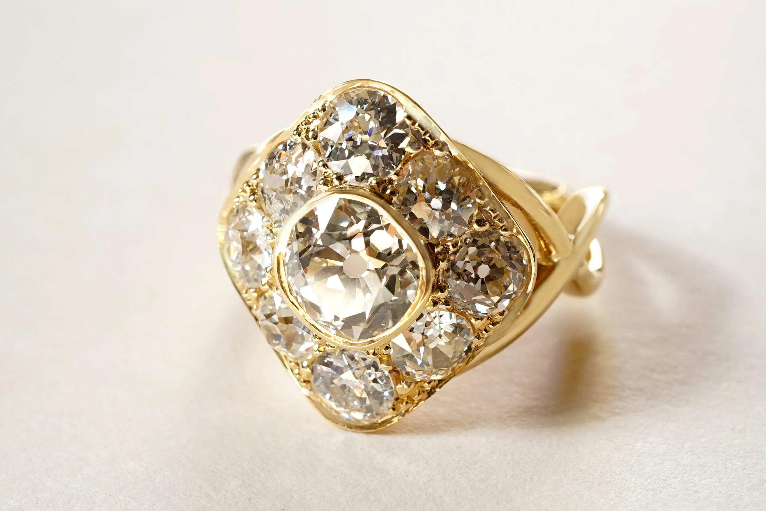 Yellow Gold 18 Carat Crossover Ring with 9 Old European Cut White Diamonds