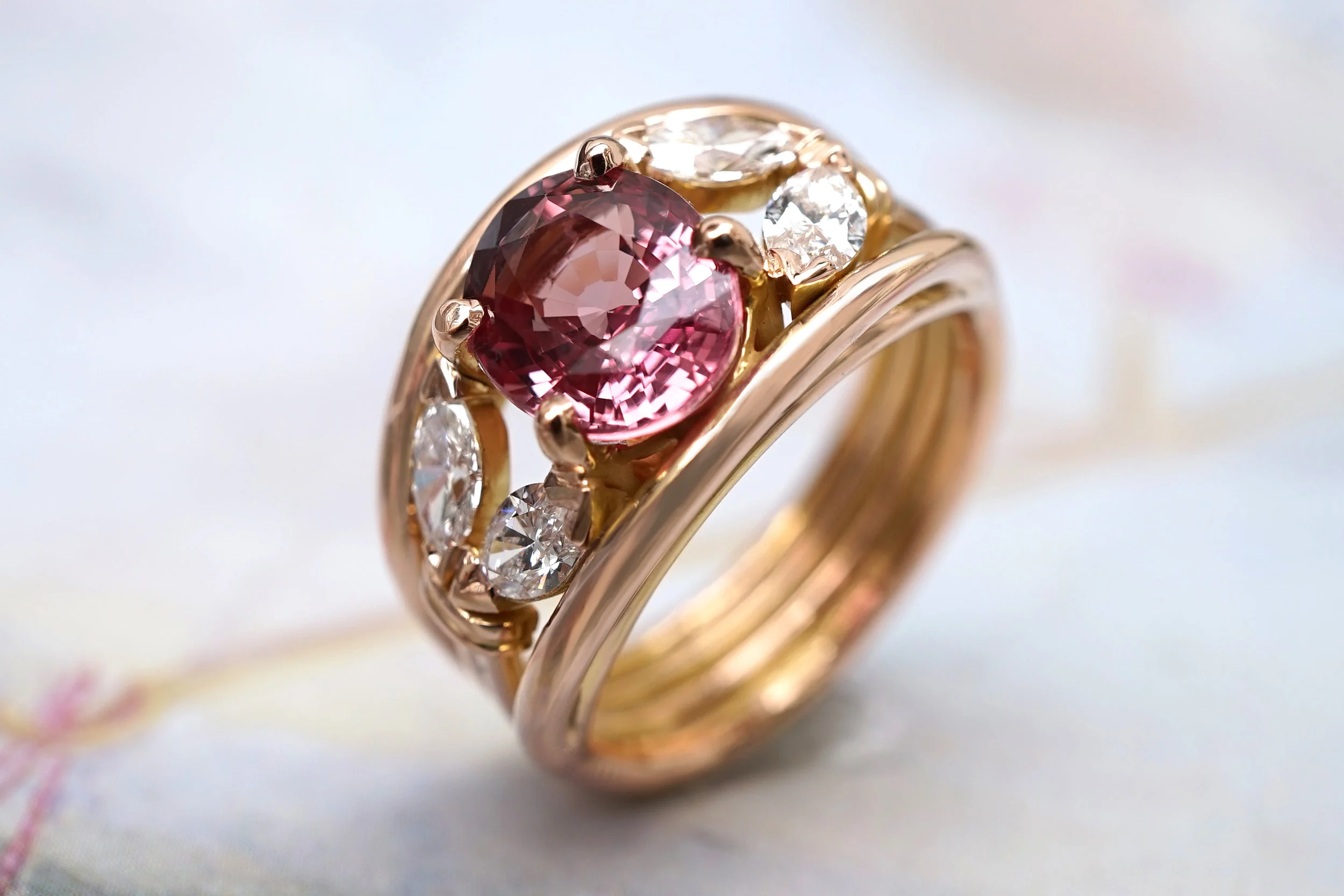 Rose Gold 18 Carat Band Ring With Non-Heated Padparadscha Sapphire And Marquise Shaped Diamonds