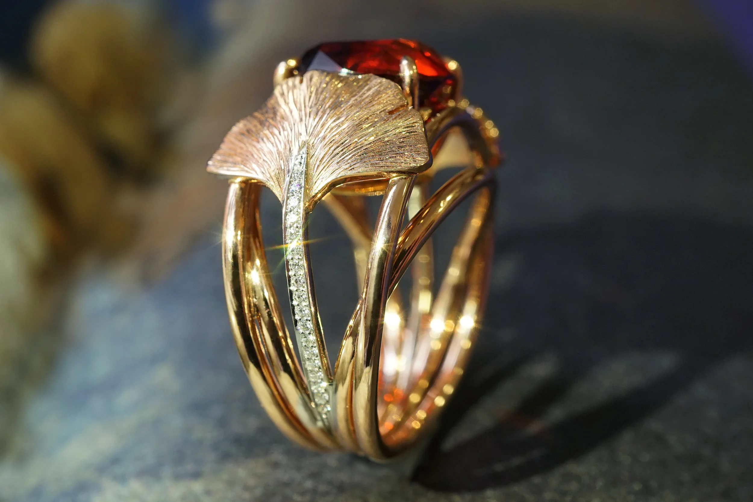 Red Gold 18 Carat Cocktail Ring With Hand Engraved Gingko Leaves, Diamonds And Red Garnet