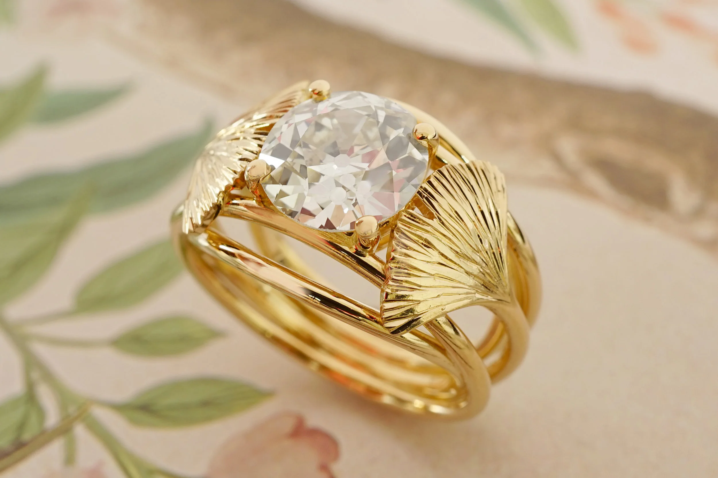 Yellow Gold 18 Carat Cocktail Ring With Hand Engraved Gingko Leaves And Diamond