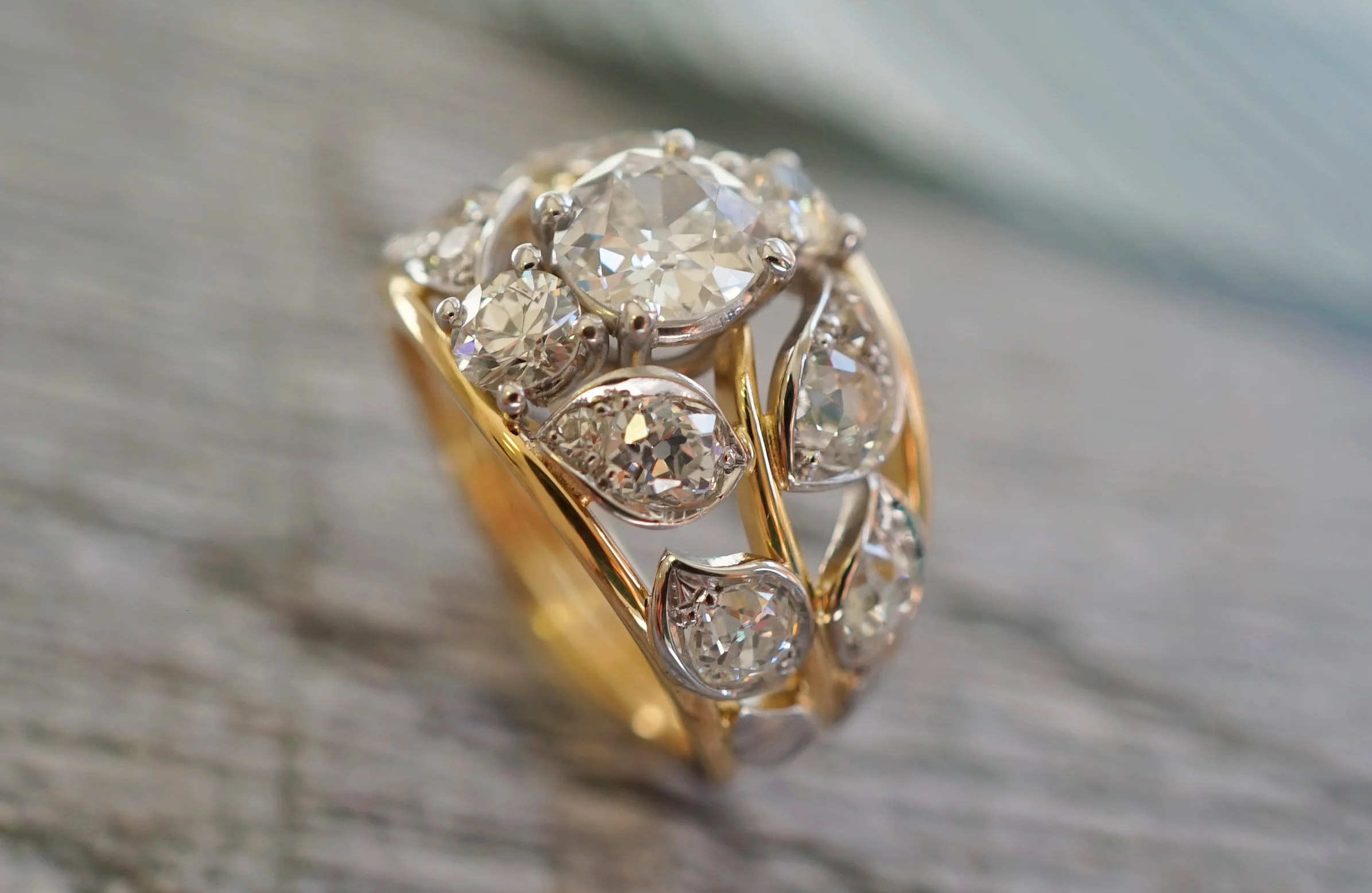 Yellow And White Gold 18 Carat Botanical Ring With Old Cut White Diamonds