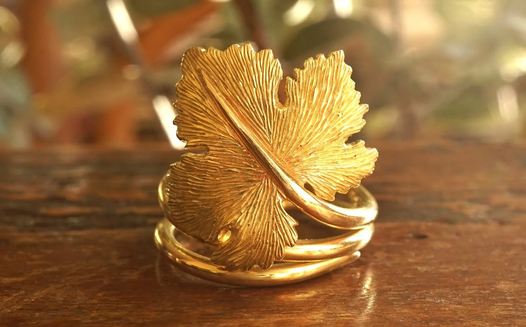Yellow Gold 18 Carat Cord Ring With Hand Engraved Vine Leaf