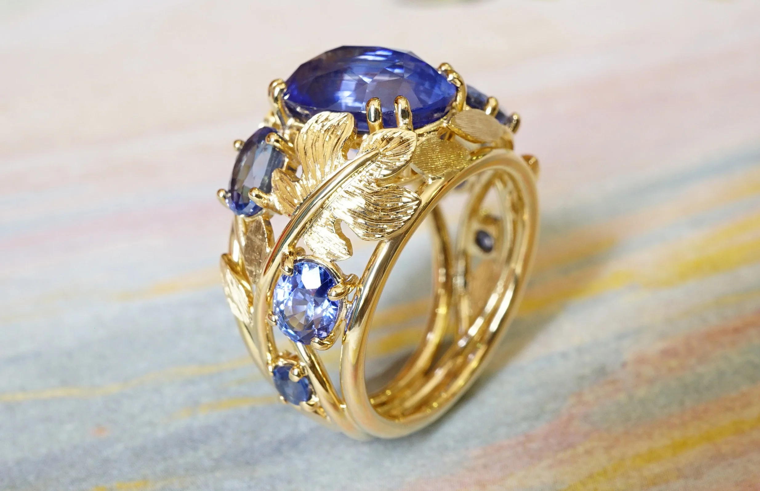 Yellow Gold 18 Carat Band Ring With Sapphires And Hand Engraved Fig Leaves