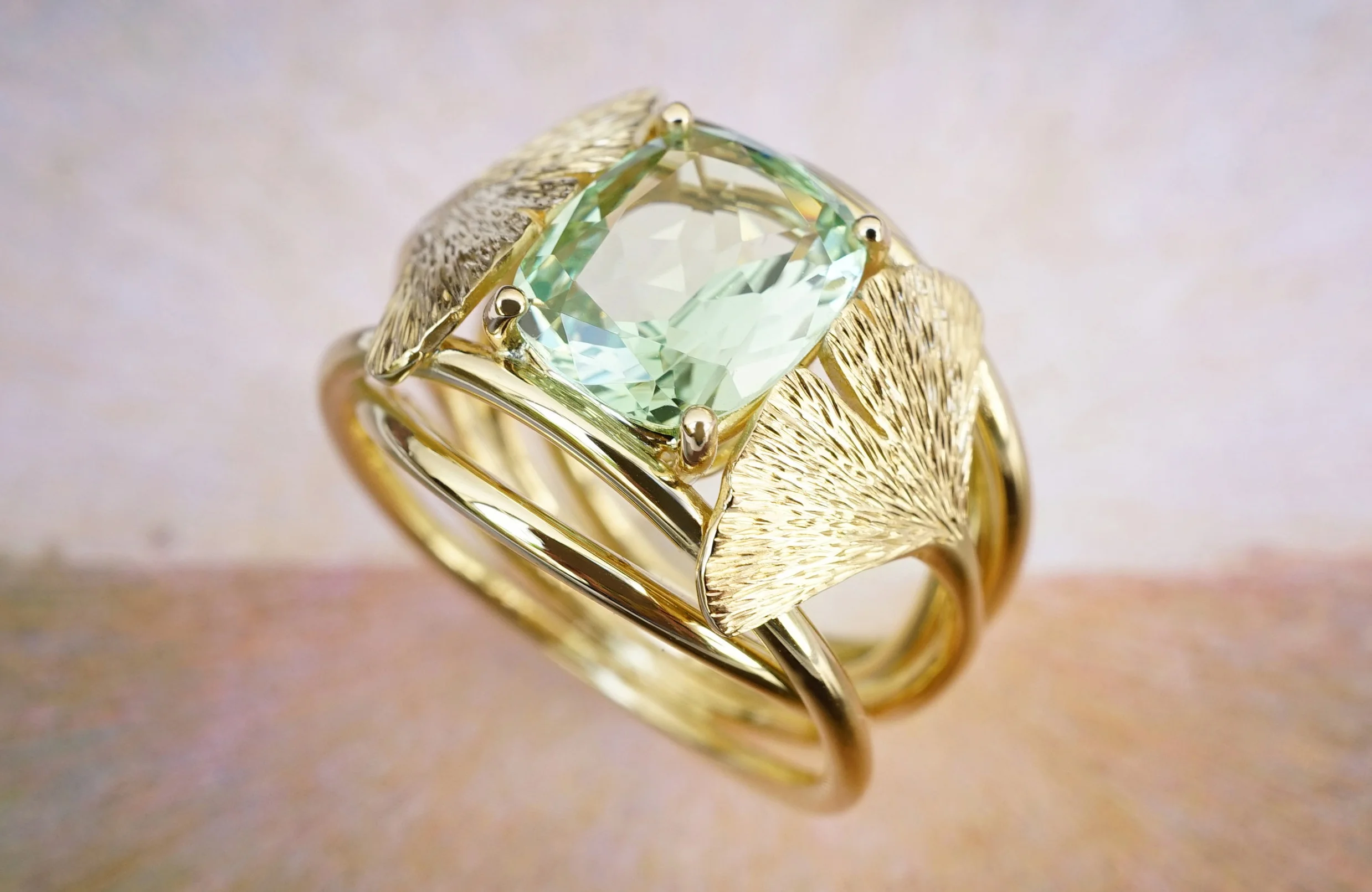 Yellow Gold 18 Carat Cocktail Ring With Hand Engraved Gingko Leaves And Clear Green Garnet