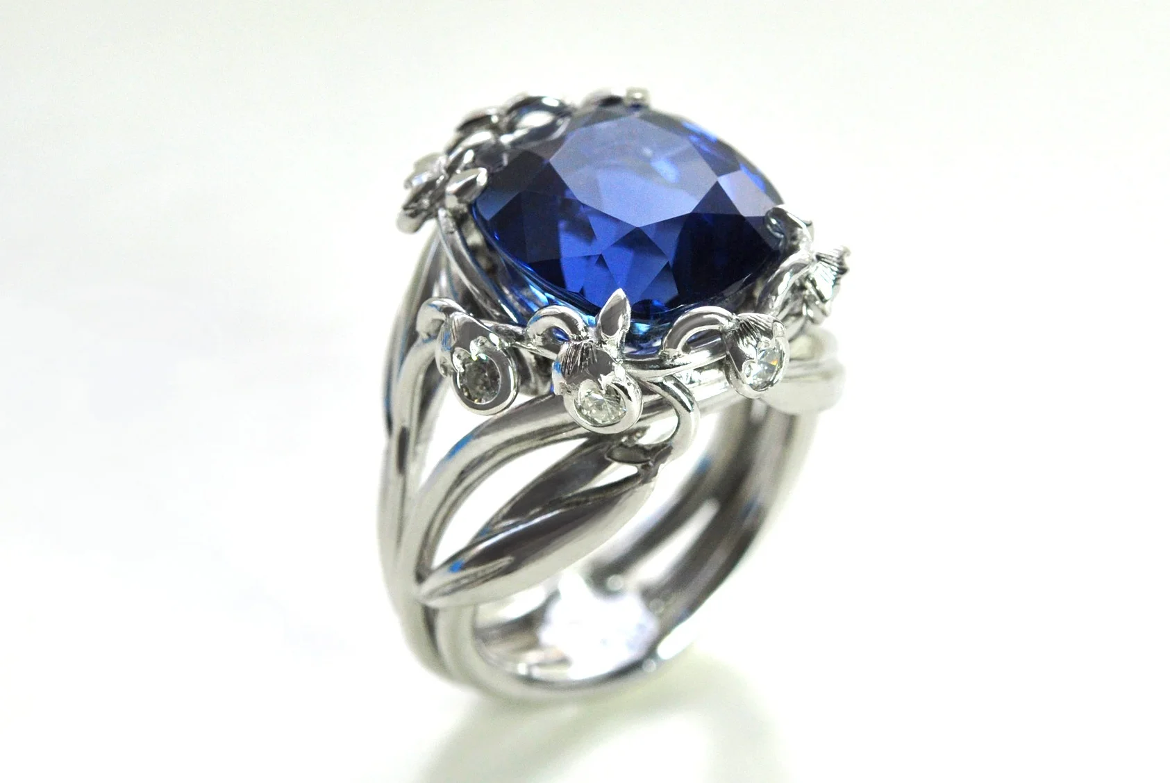 White Gold 18 Carat Lily Of The Valley Ring With Burma Sapphire And Diamonds