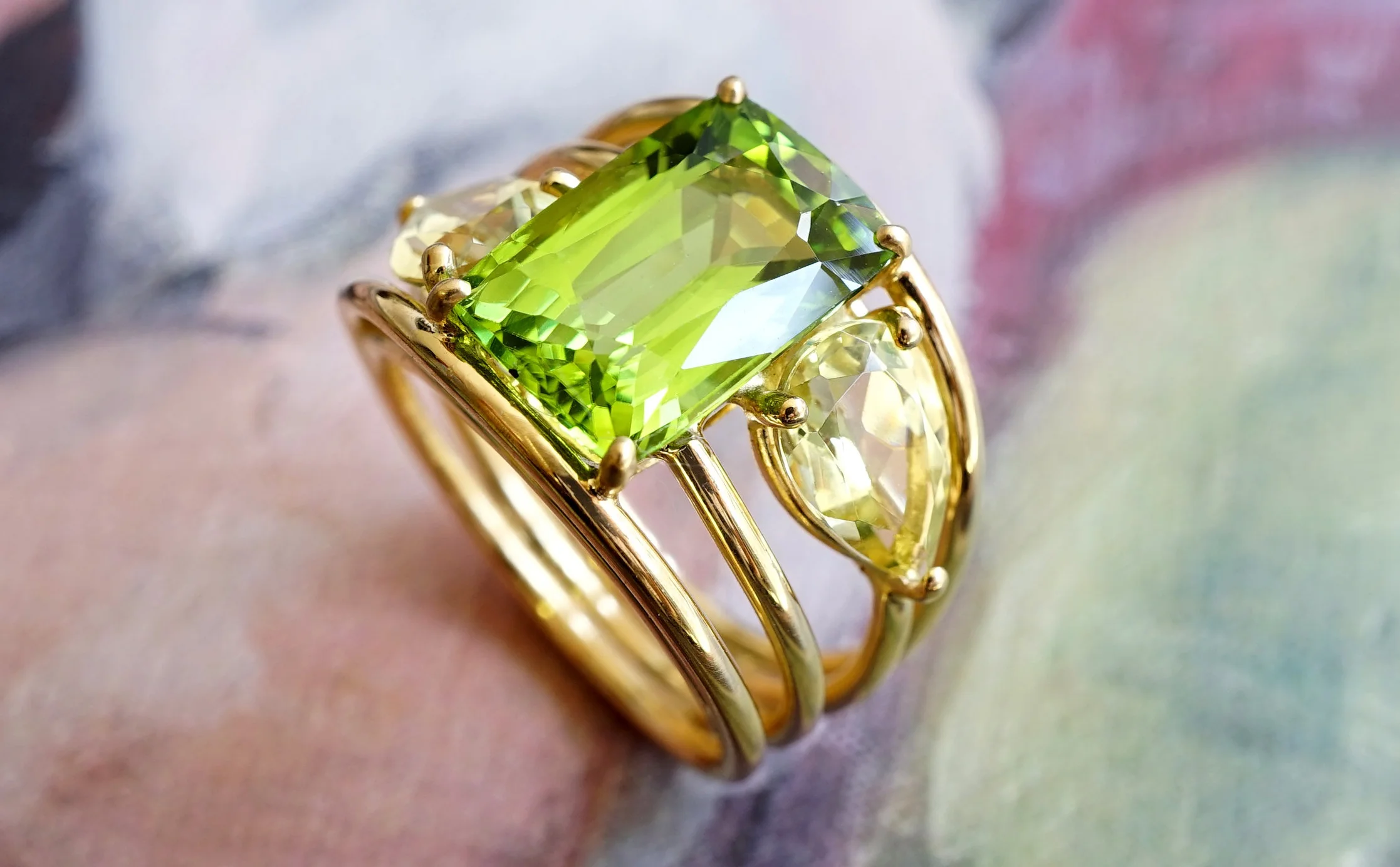 Yellow Gold 18 Carat Band Ring With Antique Cut Peridot And Two Pear Shaped Beryls