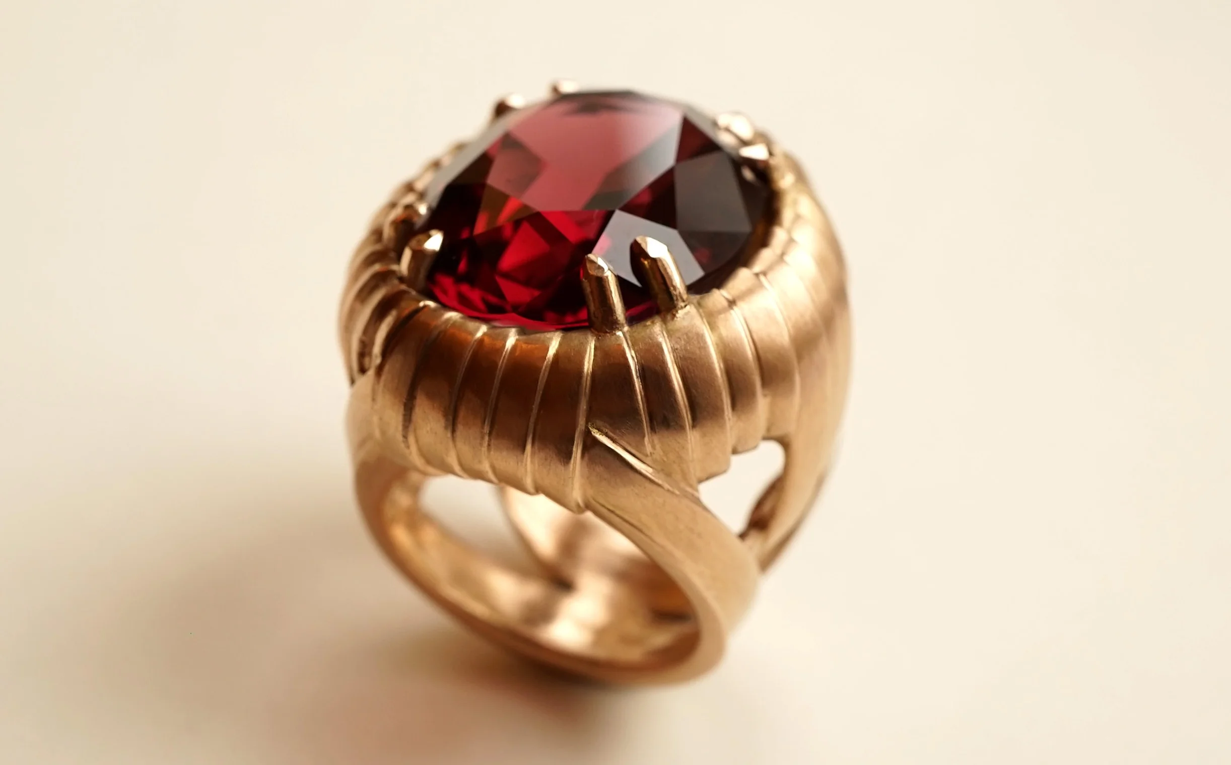 Rose Gold 18 Carat Japanese Basket Inspired Ring With Rhodolite Garnet