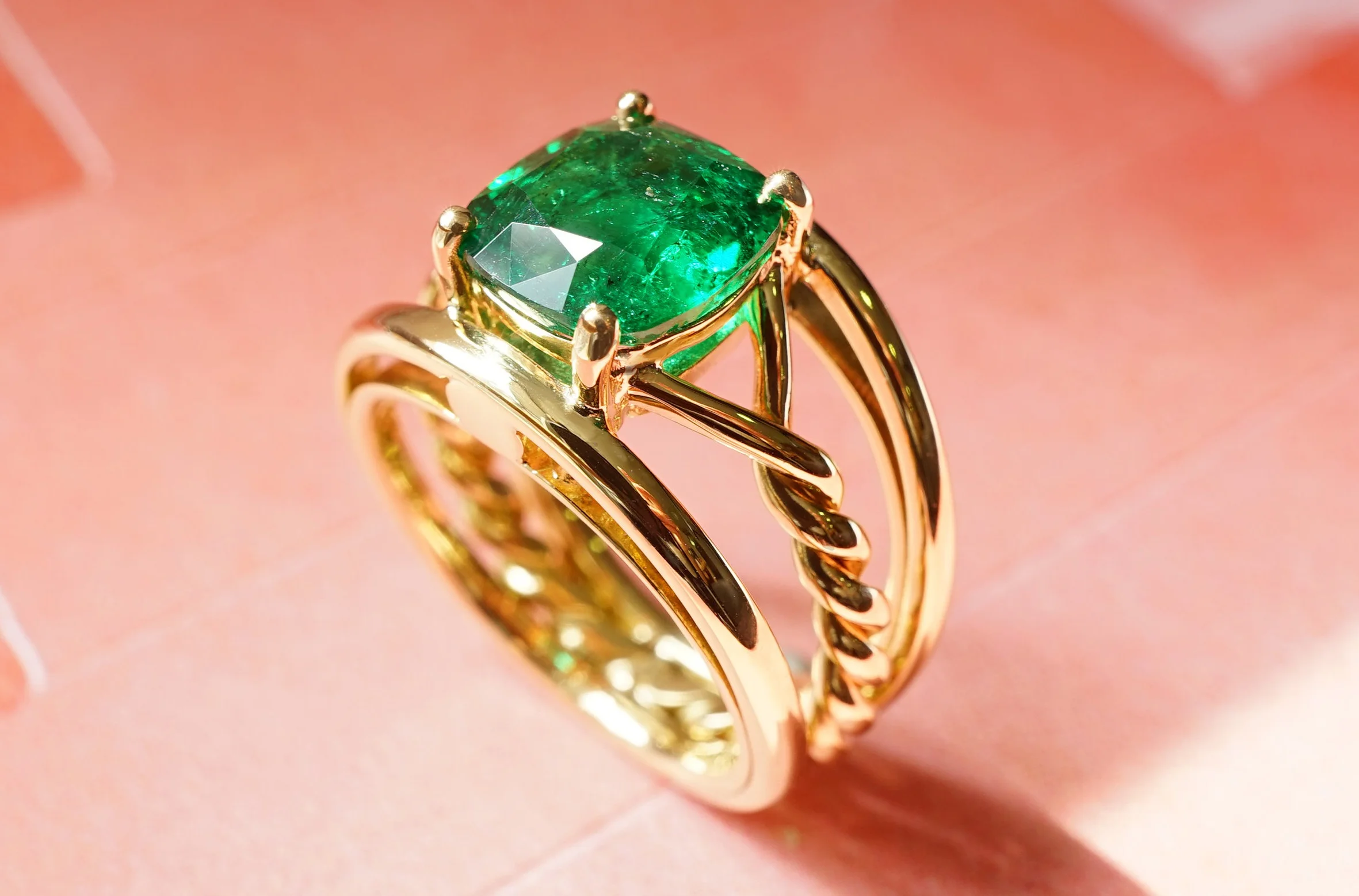 Yellow Gold 18 Carat Torsade Band Ring With Cushion Cut Emerald