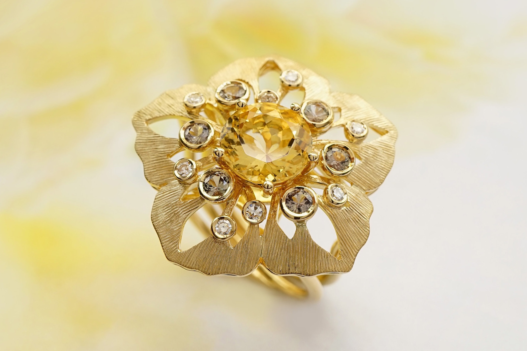 Yellow Gold 18 Carat Flower Ring With Yellow Beryl, Lavender Sapphires And Diamonds
