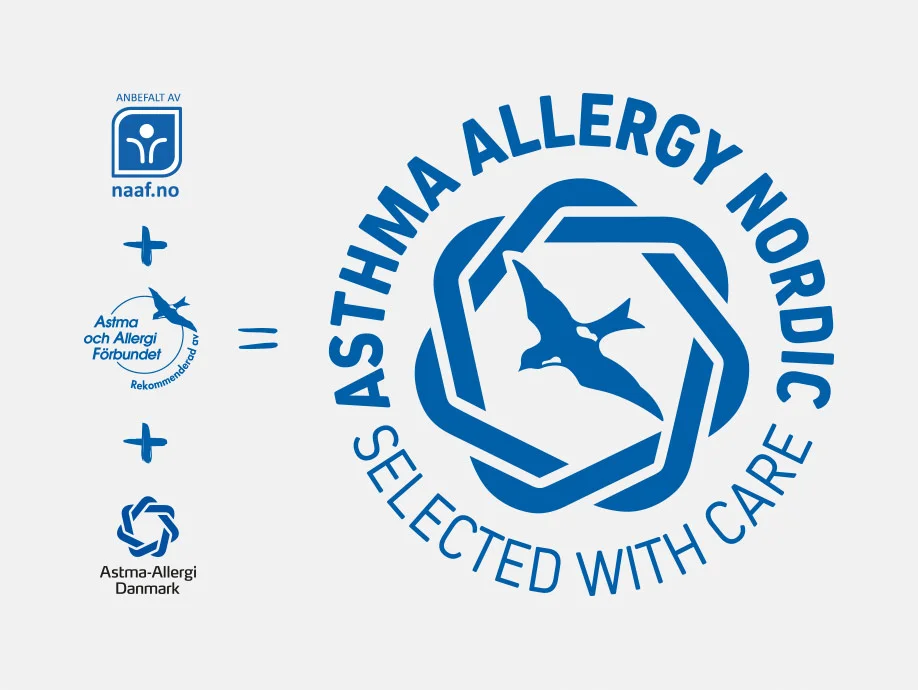 Astma- och Allergiförbundets märkning Svalan / Svalmärkningen går samman med Danske Astma-allergi Denmark Den blå krans och Norske Astma- og Allergiforbundets märkning och bildar tillsammans Asthma Allergy Nordic. Selected with care.