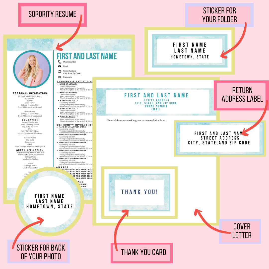 Editable Sorority Resume and Packet [Return address stickers, folder ...