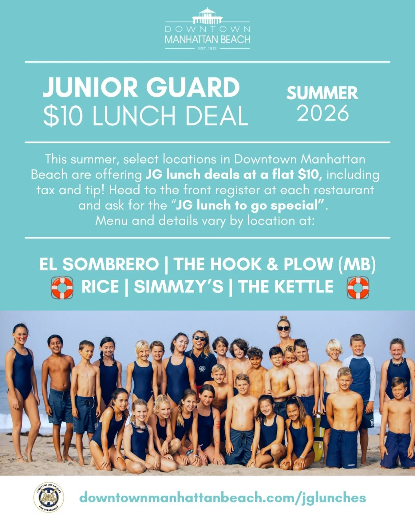 This summer, select locations in Downtown Manhattan Beach are offering @lacojuniorlifeguards JG lunch deals at a flat $10, inc tax and tip! Head to the front register at each restaurant and ask for the &ldquo;JG lunch to go special&rdquo;. ⁠
⁠
Menu a