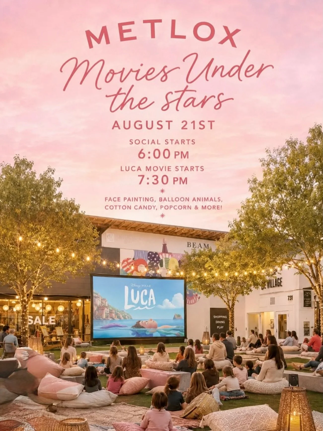 Summer nights forever. 
Join us Friday night in Metlox Plaza for an outdoor movie experience. Bring your blanket and kiddos and enjoy face painting, popcorn and takeout from your favorite restaurant. 

#summernight 
#outdoormovie 
#familyfun