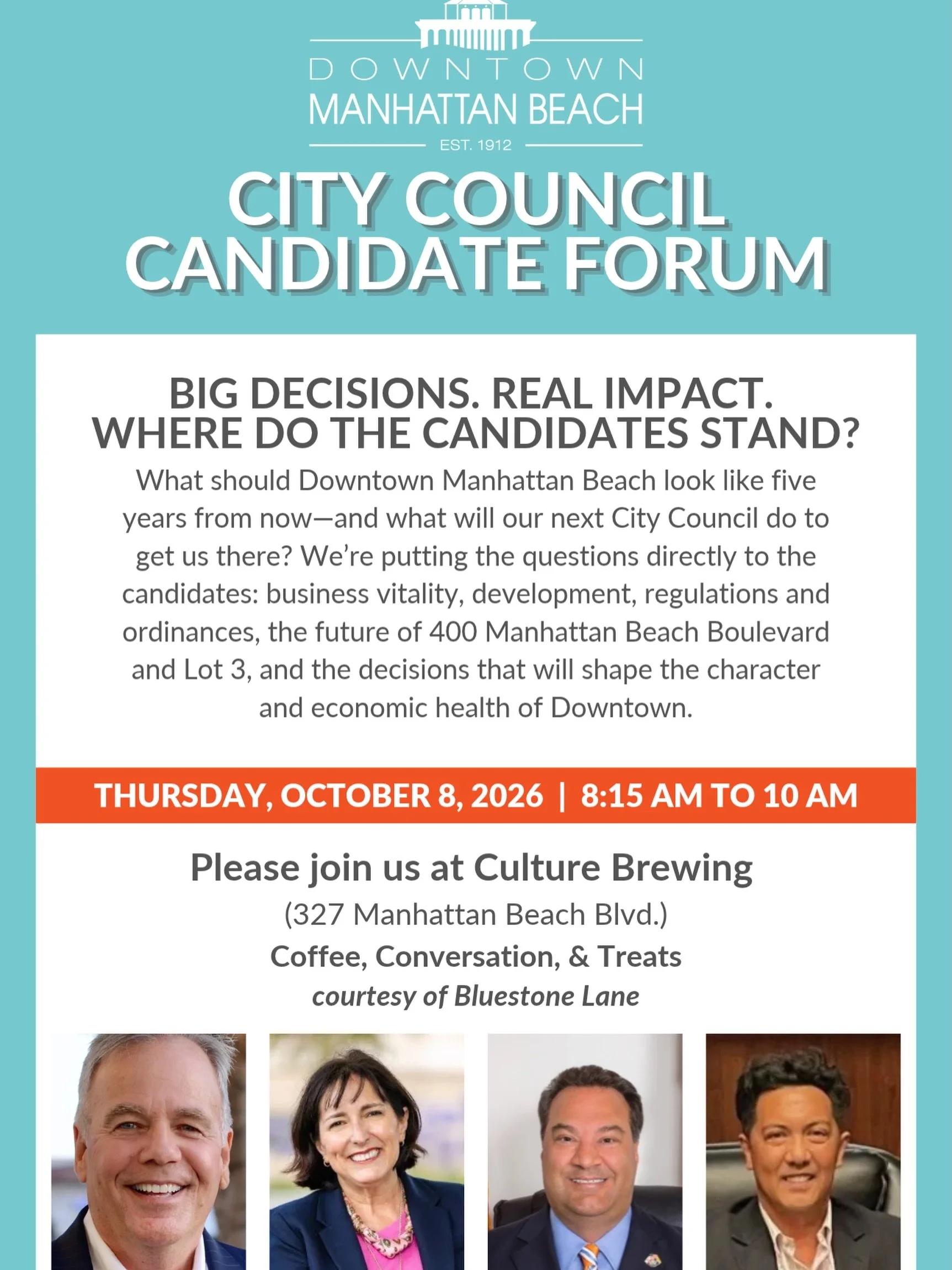 Join the local community of Downtown MB Businesses for a pointed conversation with the candidates. Know who you vote for and how they will help keep Downtown MB as unique, charming, safe and as vibrant as it is. The public is welcome to attend.