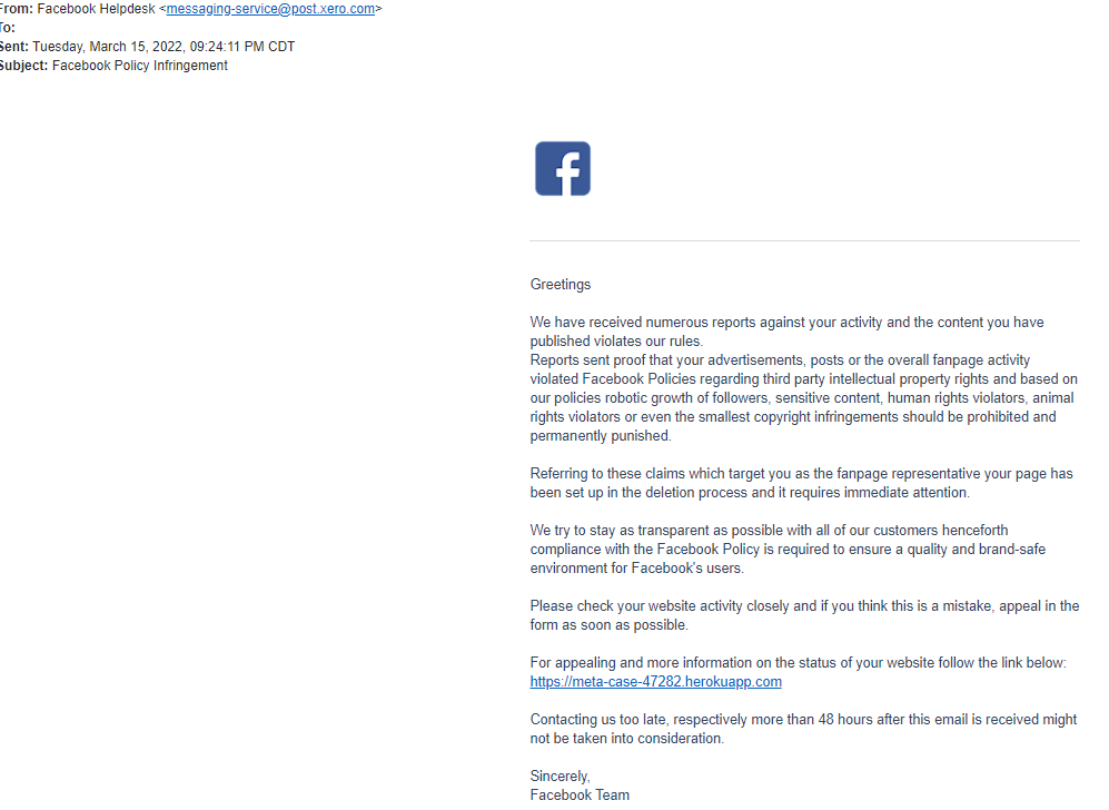 facebook phishing email