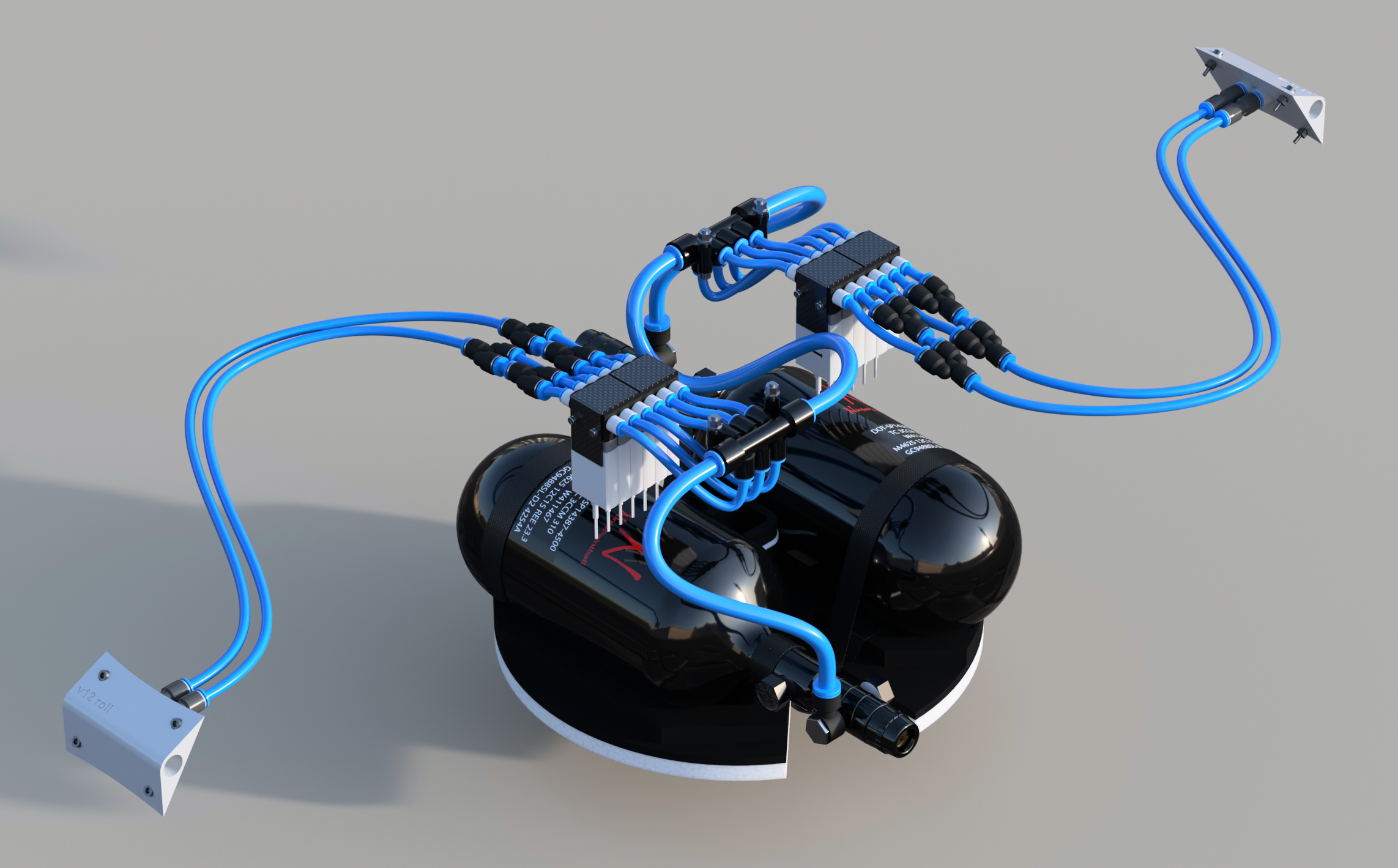 Rendering of main components for the RCS. They are packaged tightly inside the HAPP and are not easily visible after assembly.