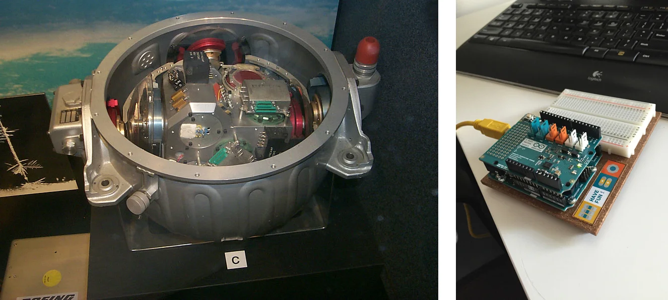 Left: Old and busted. Right: New hotness. The 1960s Apollo IMU versus an Arduino Uno with 9 Axes Motion Shield. The Bosch BNO055 IMU device is one of the tiny black bits on the shield. It measures 0.2mm x 3.8mm x 1.1mm.