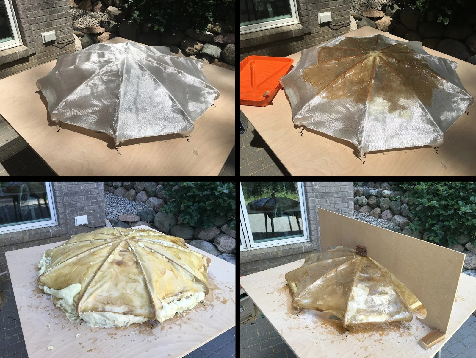 Clockwise from top left: (1) Laying fiberglass over wood cross-sections; (2) Wetting out the glass with resin; (3) Checking glass profile versus target profile; (4) Filling out the volume with polyurethane.