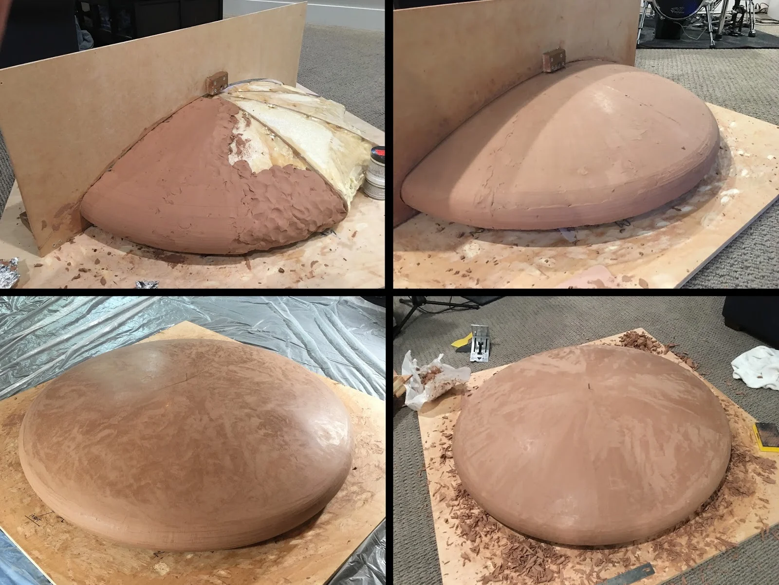 Clockwise from top left: (1) Filling out the profile with clay; (2) Scraping with the wooden fixture; (3) Lots of bits after scraping! (4) Ready for coating.