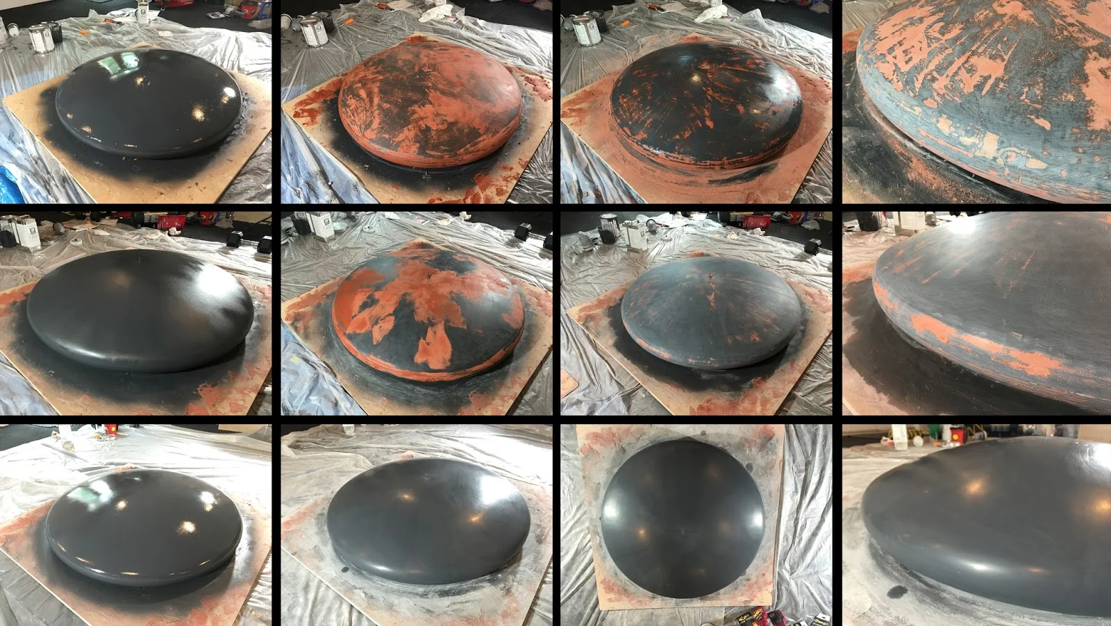 From the top, each row shows successive layers of gel coat with filler (reddish color) and the result after sanding to a fine finish.