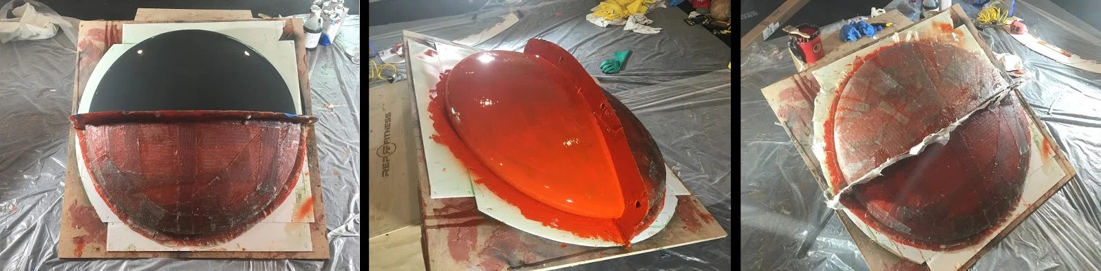 Wax/PVA, orange gel coat, fiberglass