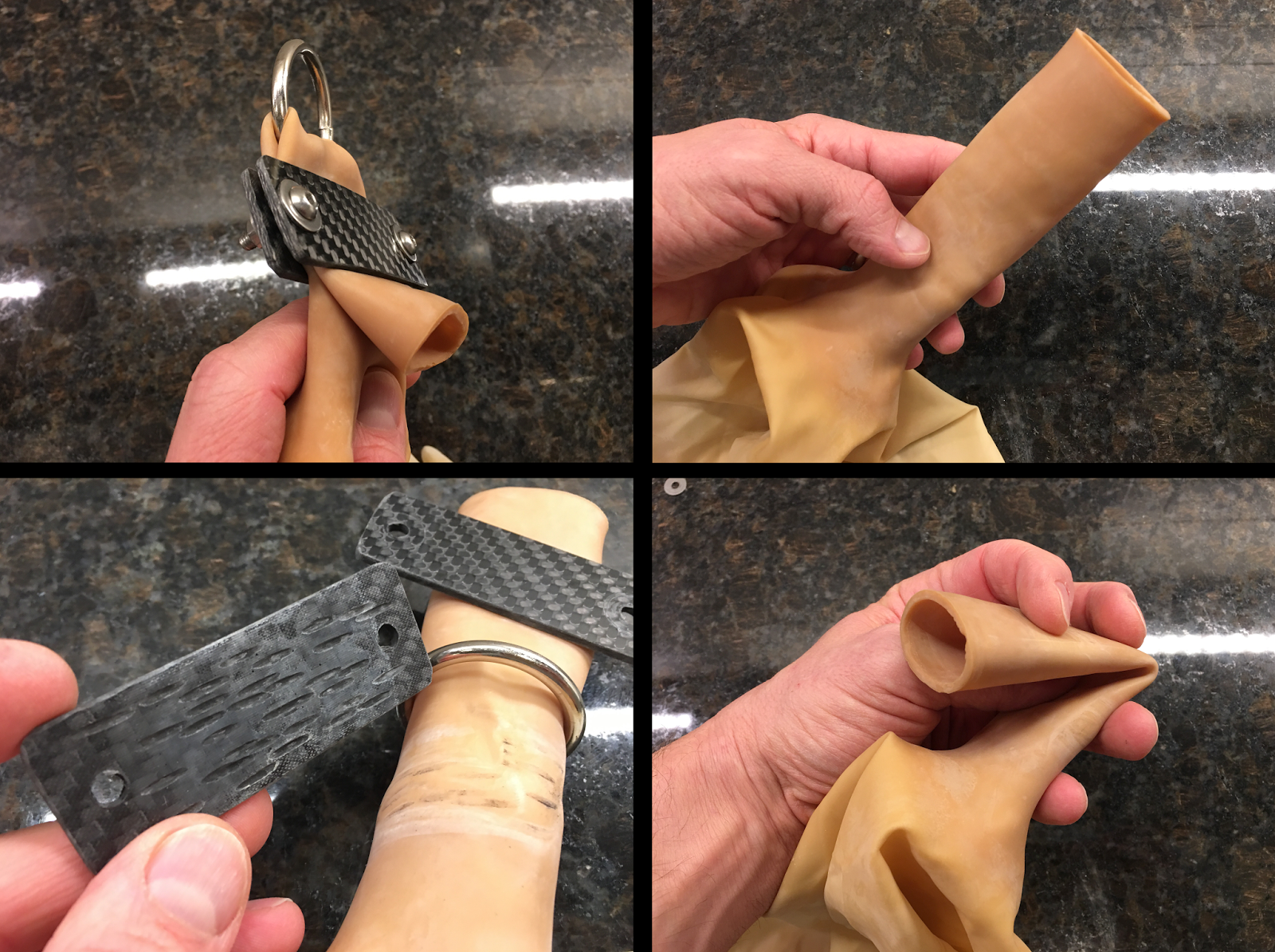 Clockwise from top right: (1) Balloon neck, (2) Neck being folded, (3) Serrated inner surface of carbon fiber plate, (4) Assembled harness with steel ring.