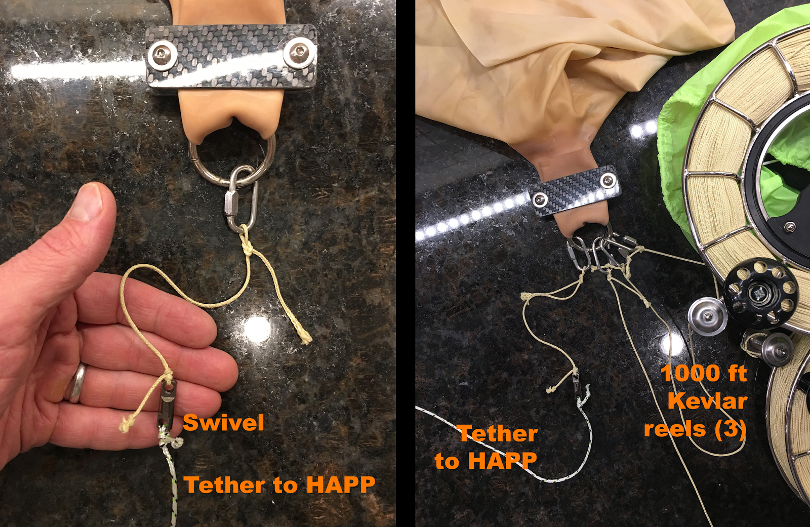 Left pane: Normal flight configuration; Right pane: With 3 ground tethers for test flights