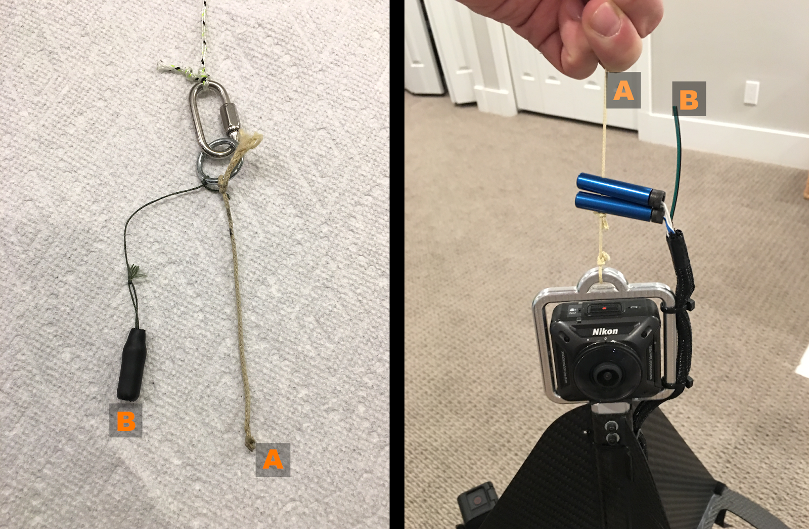 String A ties to the HAPP tether ring in the right frame. Cap B goes over a photoresistor which is not yet present at B in the right pane. Blue cylinders are the cutdown pyros.