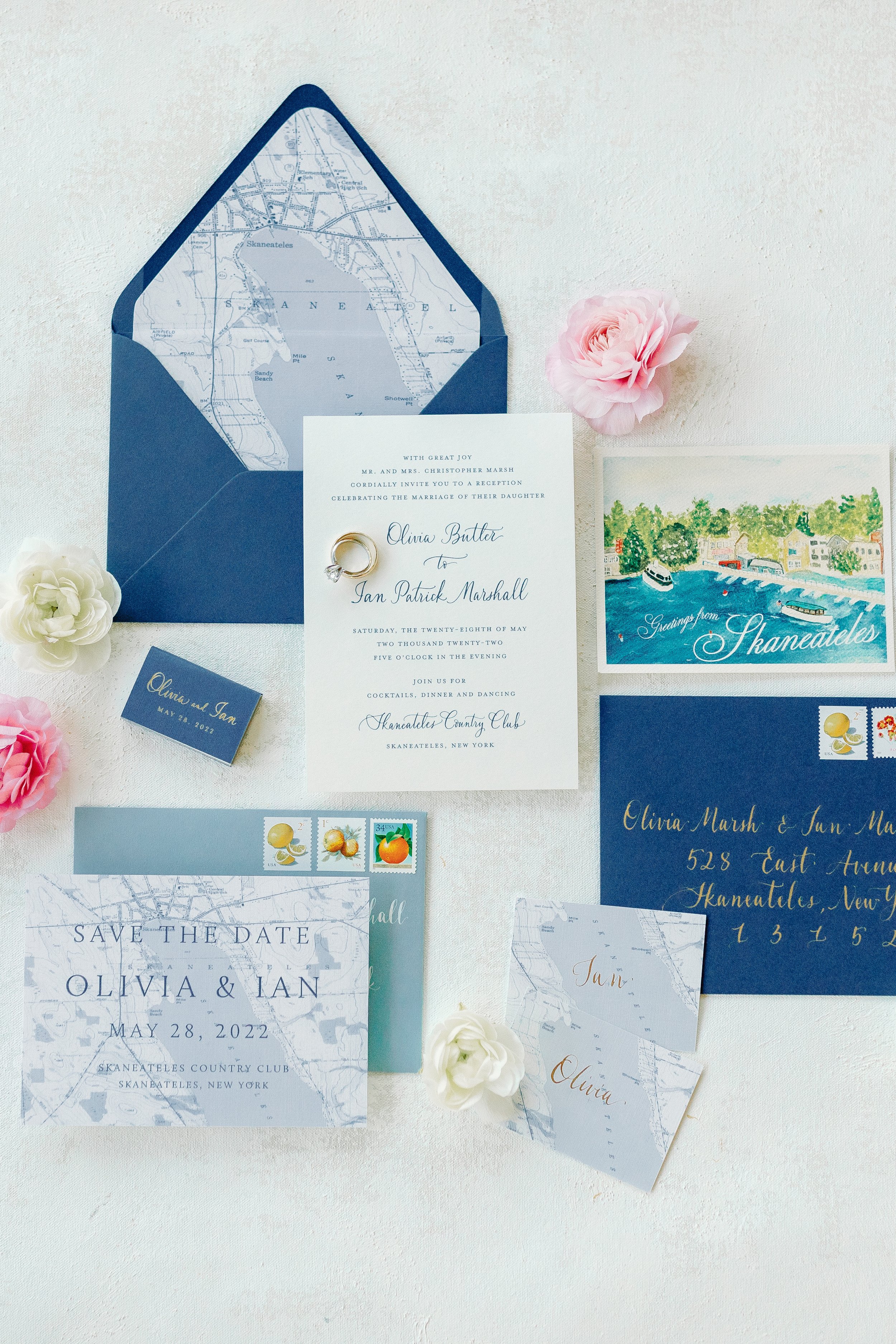 Classic wedding invitations with calligraphy, watercolor elements and a custom map