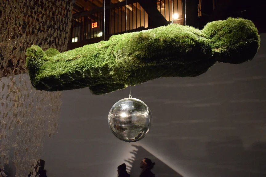 Kenya (Robinson) If I Were King…, 2017 Foam statue, artificial grass, steel dressmaker pins, hand casted figures, disco ball, light source, beaded security ties Dimensions variable