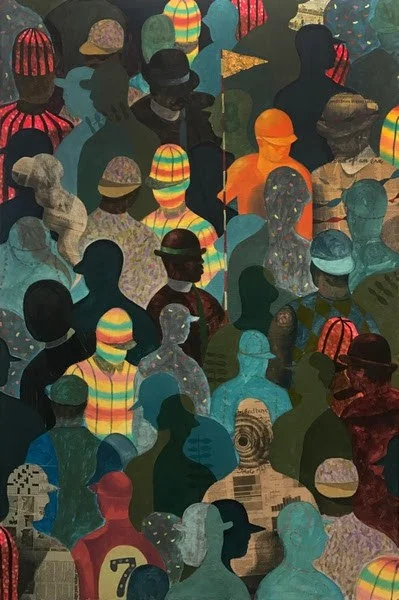 Derek Fordjour Rally Finale , 2017 Oil, acrylic, graphite, newspaper, and foil on wood panel 60 x 40 inches 152.4 x 101.6 cm (Image Courtesy of Elizabeth Dee Gallery)