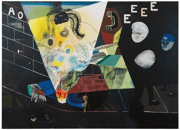 Kenny Rivero It Happened on the Corner, 2014 Oil, acrylic, and collage on canvas 60 x 84 inches 152.4 x 213.4 cm (Image courtesy of Elizabeth Dee Gallery)