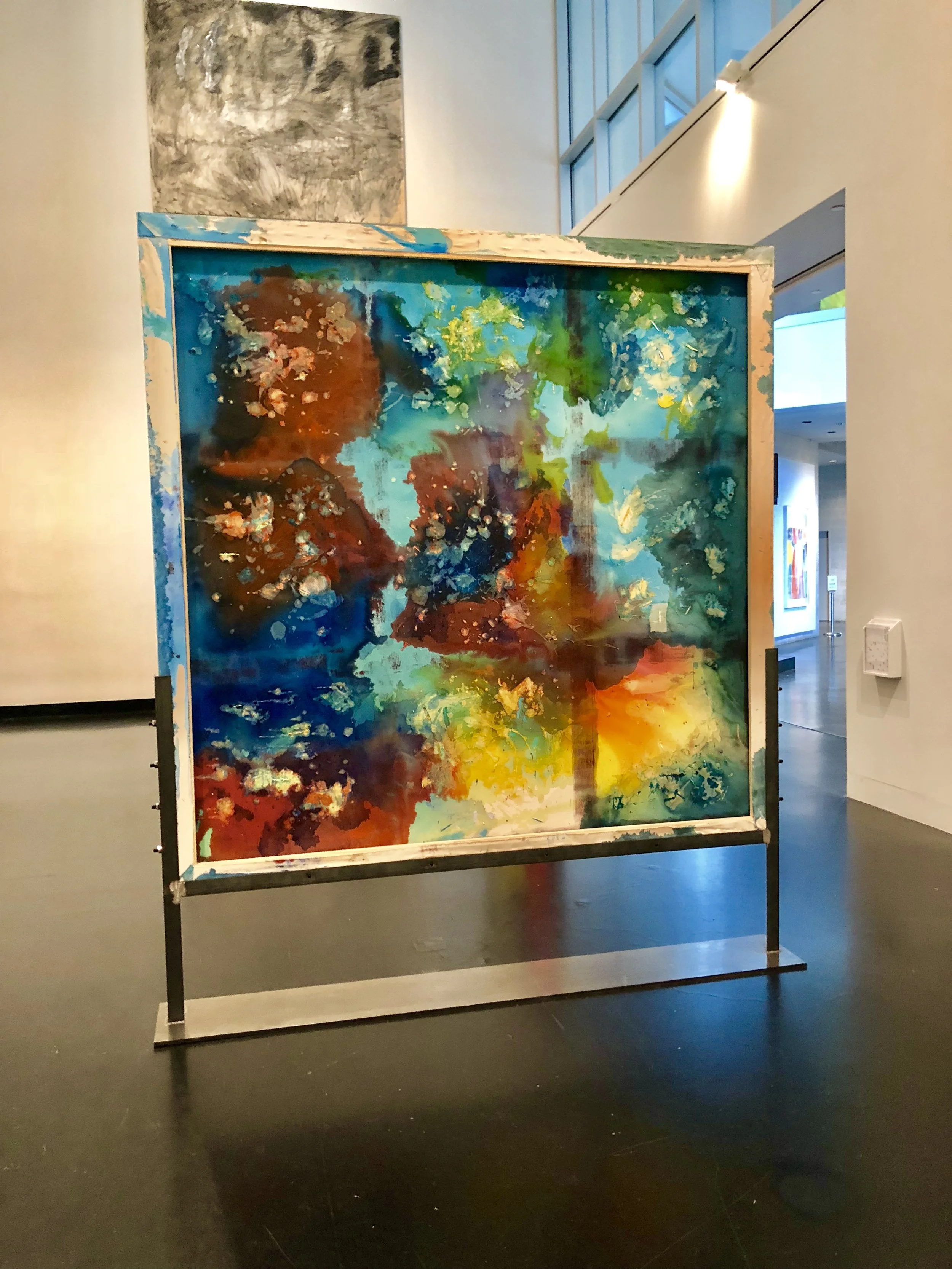/Rear Facing/ Night Studio , 2008 Acrylic paint, cheesecloth, soft gel medium, and tar gel medium on double-sided canvas with raw steel stand Collection of Thomas Erben Gallery, New York