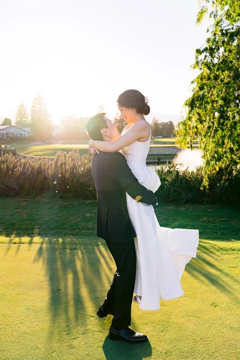 Sunset photo of bride and groom on San Ramon golf course at their San Ramon Waters wedding