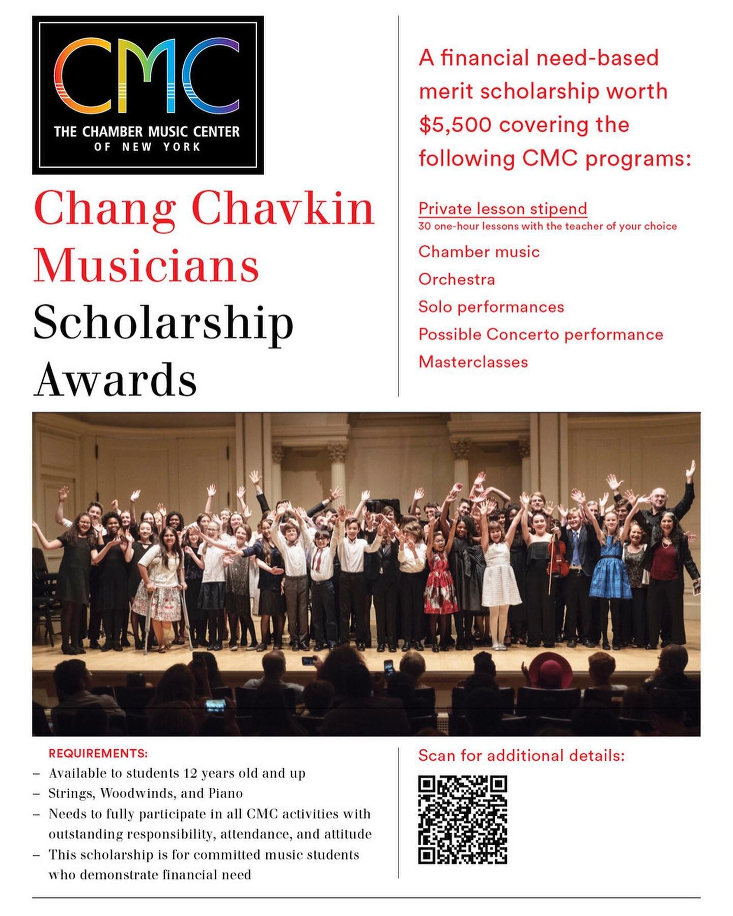 CMC offers a total of five Musician Scholarship Awards worth $5,500 each. These scholarships cover CMC full year chamber music, orchestra, SOLOS, and theory, plus a stipend for 30 private lessons from the teacher of your choice! 

Two of the scholars