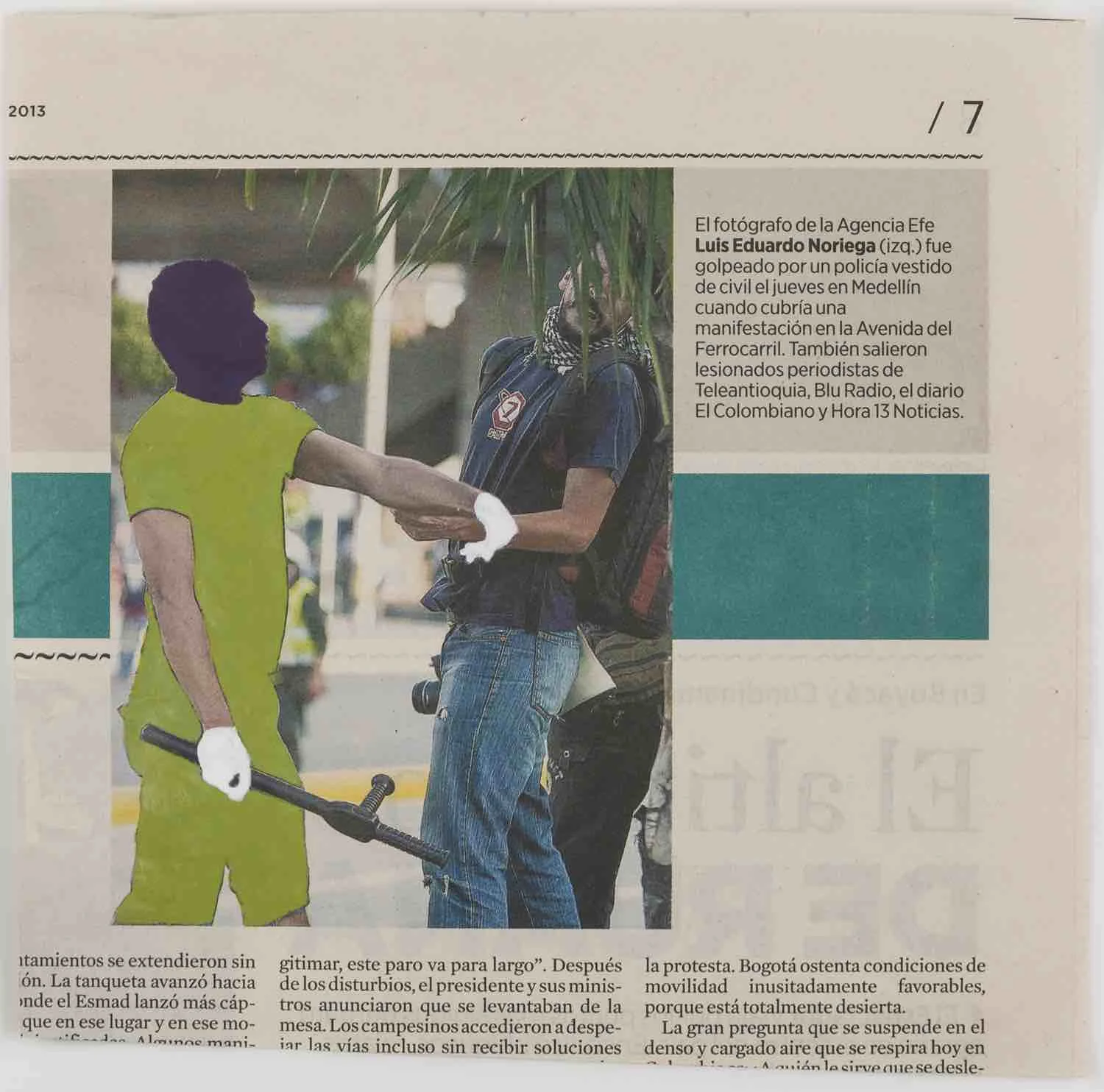 El artista recorta de la prensa las noticias que bajo su criterio tienen o van a tener relevancia nacional y luego las clasifica en cinco grupos: 1.) Políticos, 2.) Paramilitares, 3.) Guerrilleros, 4.) Militares y 5.) todos los miembros de las categorías anteriores que han sido juzgados y condenados por actos criminales. Cada fotografía es intervenida con pintura acrílica según criterios específicos. Al estudiar las fotografías juntas queda expuesto como algunos militares terminan en grupos paramilitares, ex-guerrilleros aparecen como alcaldes, políticos termina vistiendo uniformes de paramilitares, y así sucesivamente. Color press Acrílico sobre papel periódico, dimensiones variables. 2013 - 2014