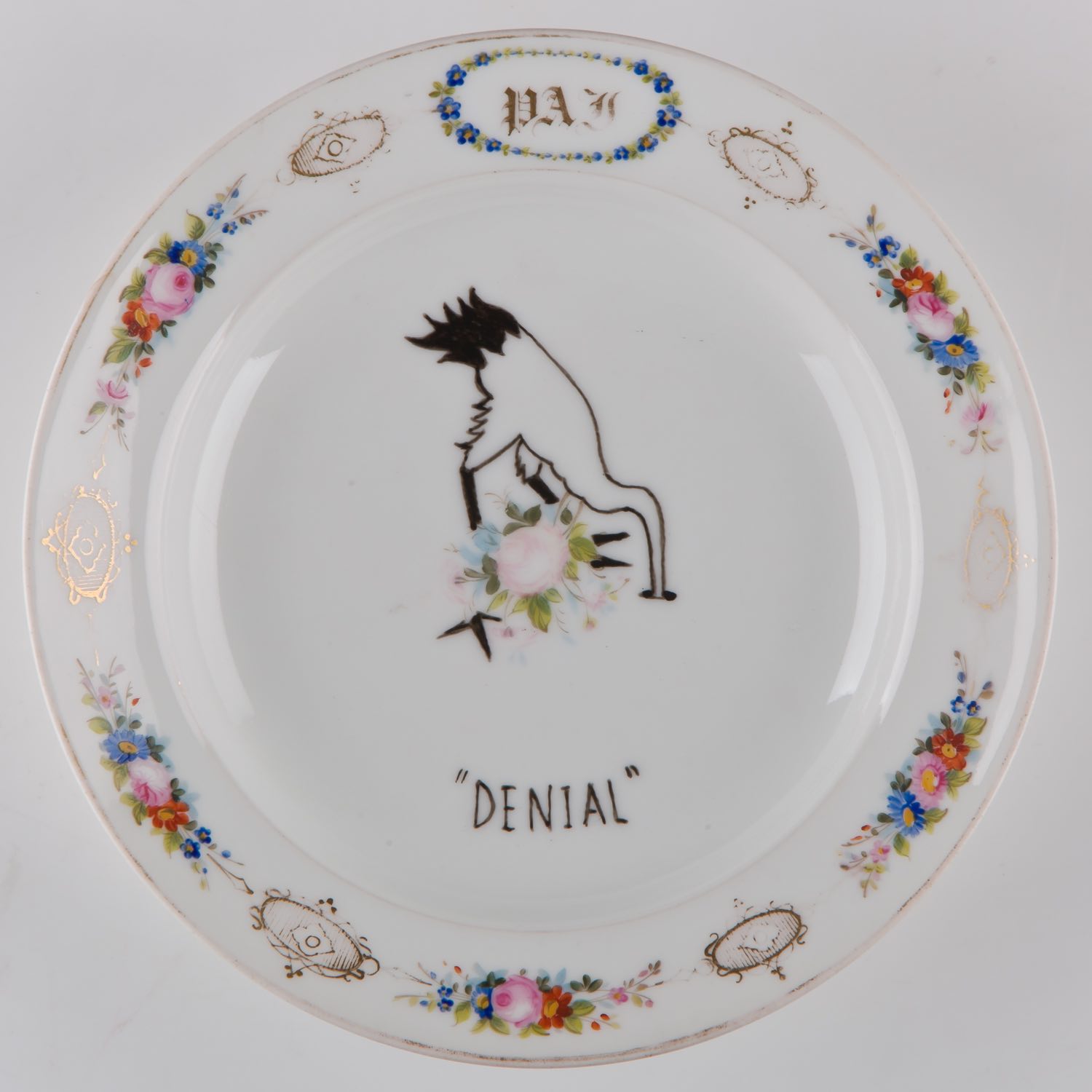   "Denial"   Esmalte sobre plato antiguo 25 cm diámetro. 2012    