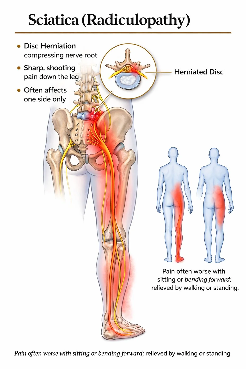 Infographic of sciatica radiculopathy showing a lumbar disc herniation compressing a nerve root, with pain radiating from the low back through the buttock and down the leg.